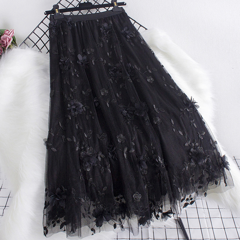 Skirts 3D Flower Decoration Long Net Skiing Summer Women's Sweet Large Swing Fairy Mermaid Skiing Women's Jupes 230410