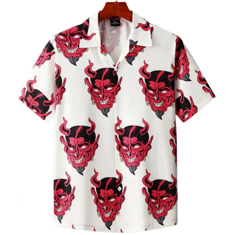 Men's Casual Shirts Hawaiian Shirt for Men Cuban Collar Devil Print Men's Shirt Fashion Streetwear Summer Short Sleeve Top Trendy Men's