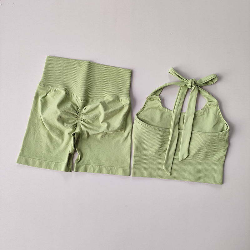 Yoga Outfit Peach Hip Lifting Suit Neck Hanging Sports Bra Shockproof Gathering Quick Drying Short Set Gym Fitness Running 230411