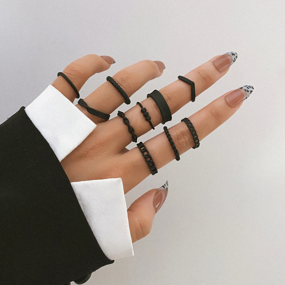 Band Rings Punk Black Finger Rings For Women Men Simple Chain Ring Set Fashion Rings Trend Friend Gifts Party Knuckle Jewelry Party 230410