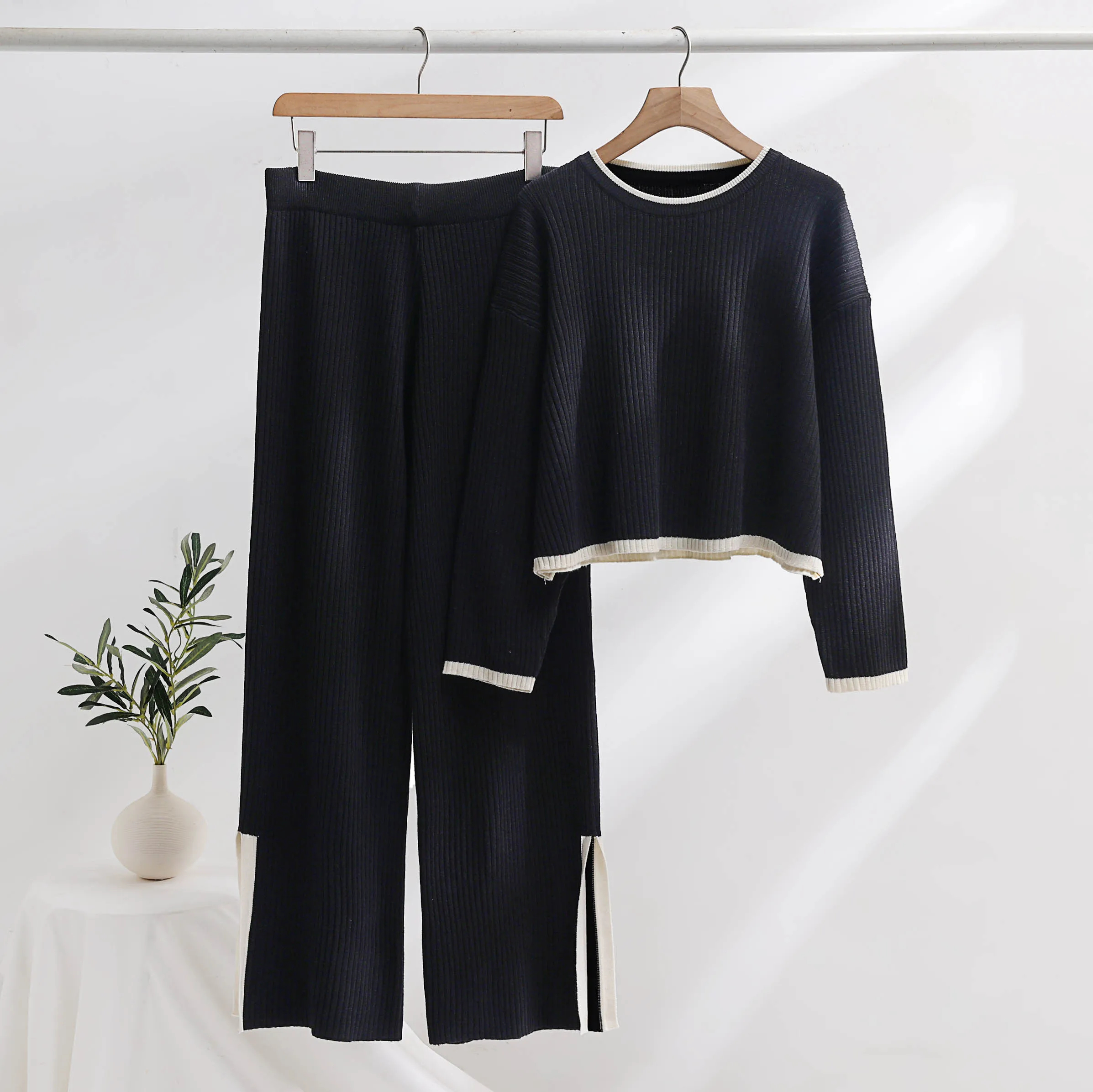 Two Piece Dress Vestidos New Autumn Winter Sweater Pants Suit Casual Women O Neck Knitted Short Pullover High Waist Split Wide Leg Trouser Set 2024