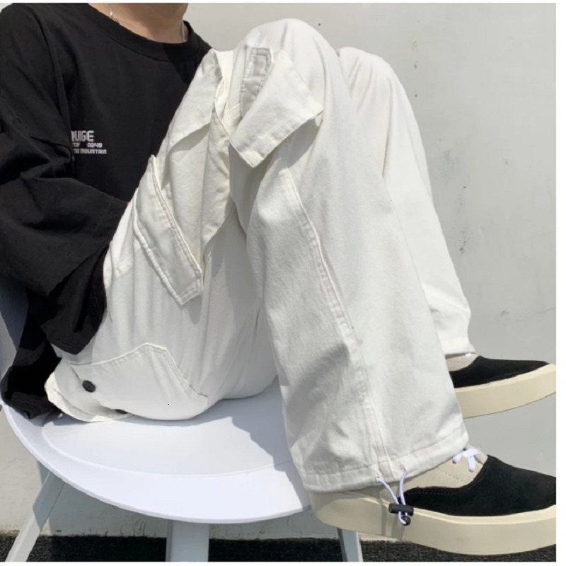 Men's Pants Black white Casual Fashion Loose Straight Wide Leg Men Streetwear Hip hop Pocket Cargo Mens Trousers 230411