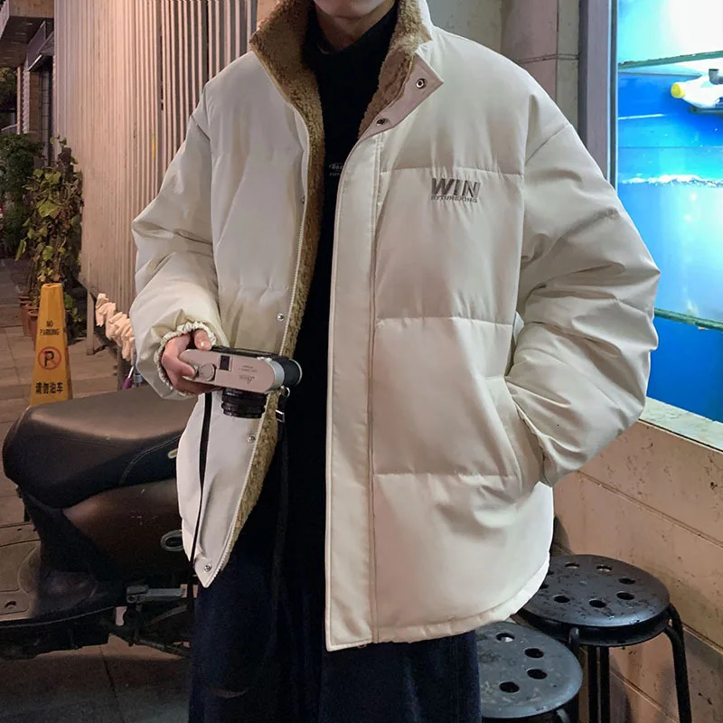 Men's Down Parkas Winter Two Sided Wear Lamb Fleece Parka Coat Men Thick Loose Warm Fashion Solid Cotton Padded Jacket Vintage Parkas Jacket 2311