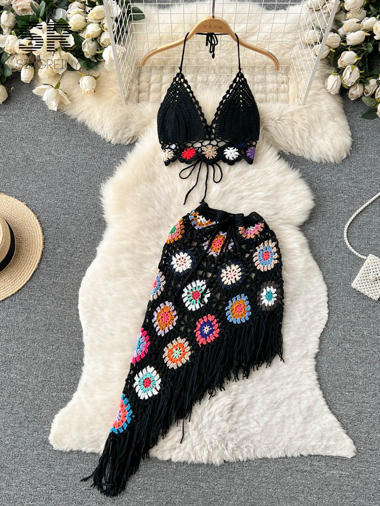 Two Piece Dress SINGREINY Bohemian Two Piece Knit Set Summer Hook Hollow Outer Camisol Flower Irregular Tassel Leather Sexy Beach Style Set 230410