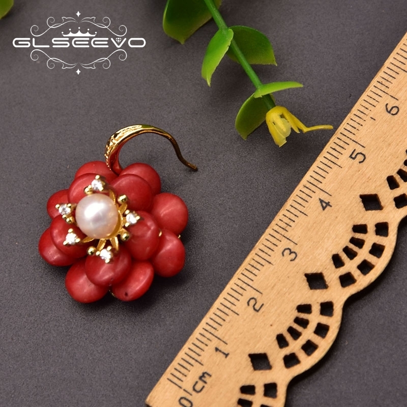 Hoop Huggie GLSEEVO Natural Coral Pendant Earrings Female Red Flower Handmade Fashion Luxe Ladies Earrings Fine Jewelry Wedding GiftsGE1042 230411