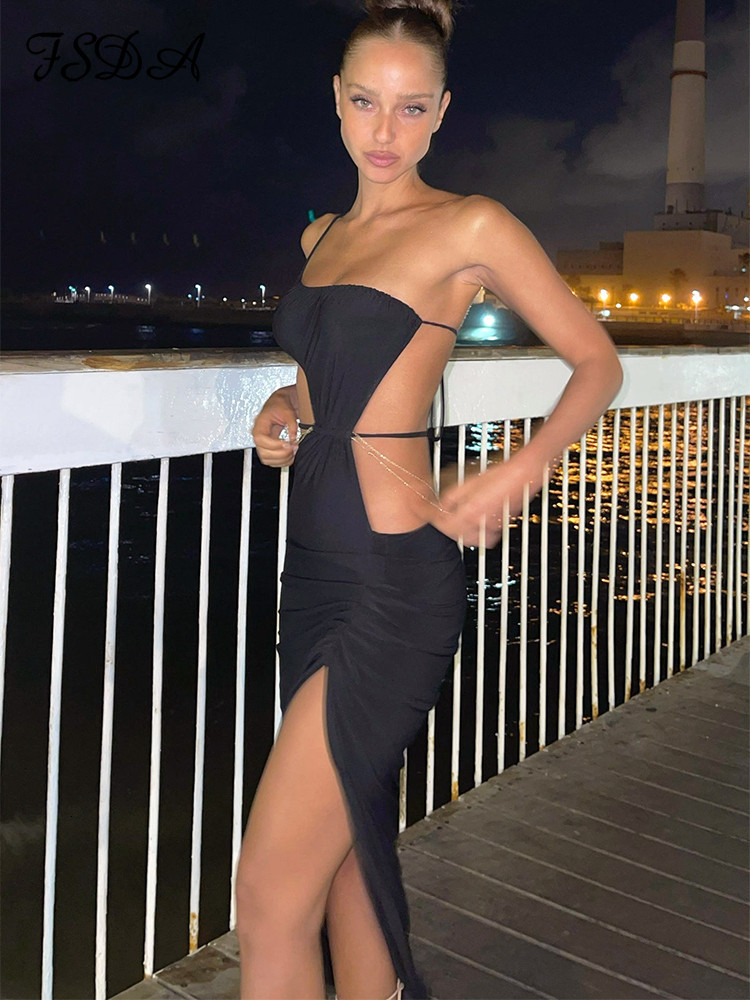 Casual Dresses FSDA Summer Beach Women Bodycon Dress White Backless Bandage Hollow Out Party Sexy Midi Sleeveless 230411