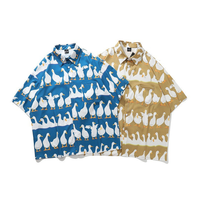 Men's Casual Shirts Mens Harajuku Hawaiian Shirt Little White Goose Full Print Short Sleeve Shirts Hip Hop Casual Streetwear Summer Blouse Tops 2