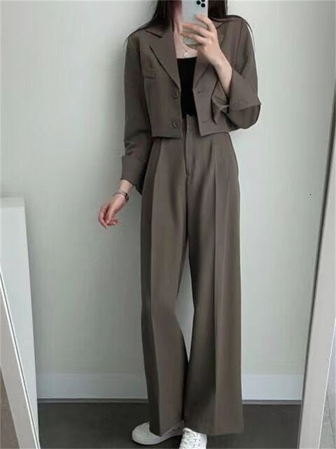 Women's Tracksuits Spring Korean Casual Elegant Suits Blazer Jacket Wide Leg Trousers High Waist Pants Female 2 Piece Sets Crop Top Coats 230411