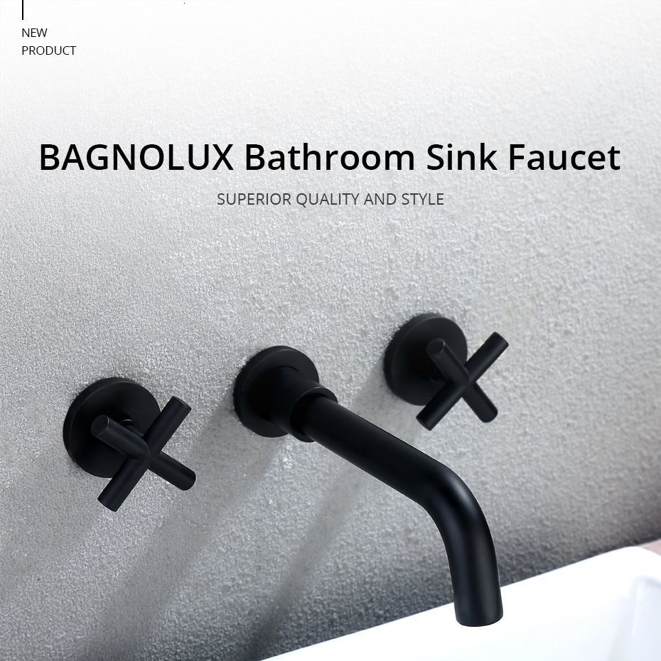 Bathroom Sink Faucets Taps Top Fashion Arrival Wall Basin Mixer Tap Set Spout Faucet With Double Lever In Matt Black/Polished Gold 230410