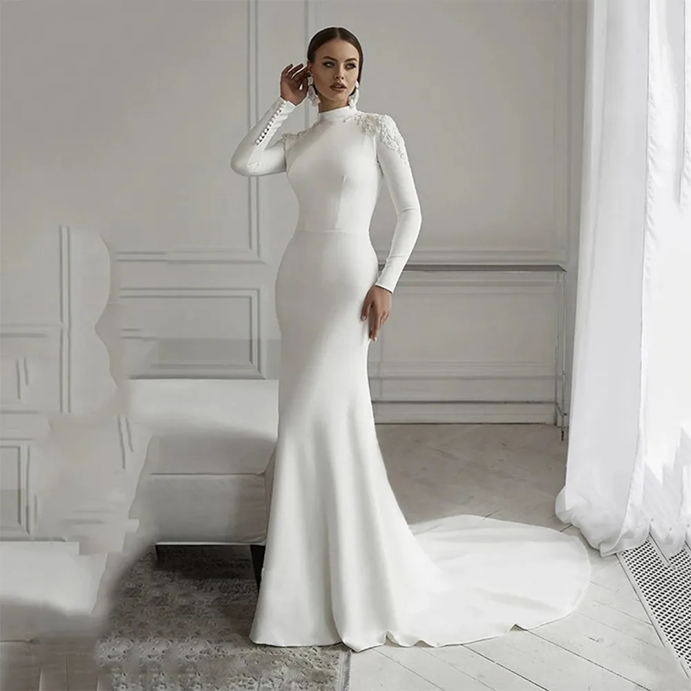 Simple Long High Neck Satin Beach Wedding Dresses Plus Size Full Sleeves Mermaid Sweep Train Party Gowns