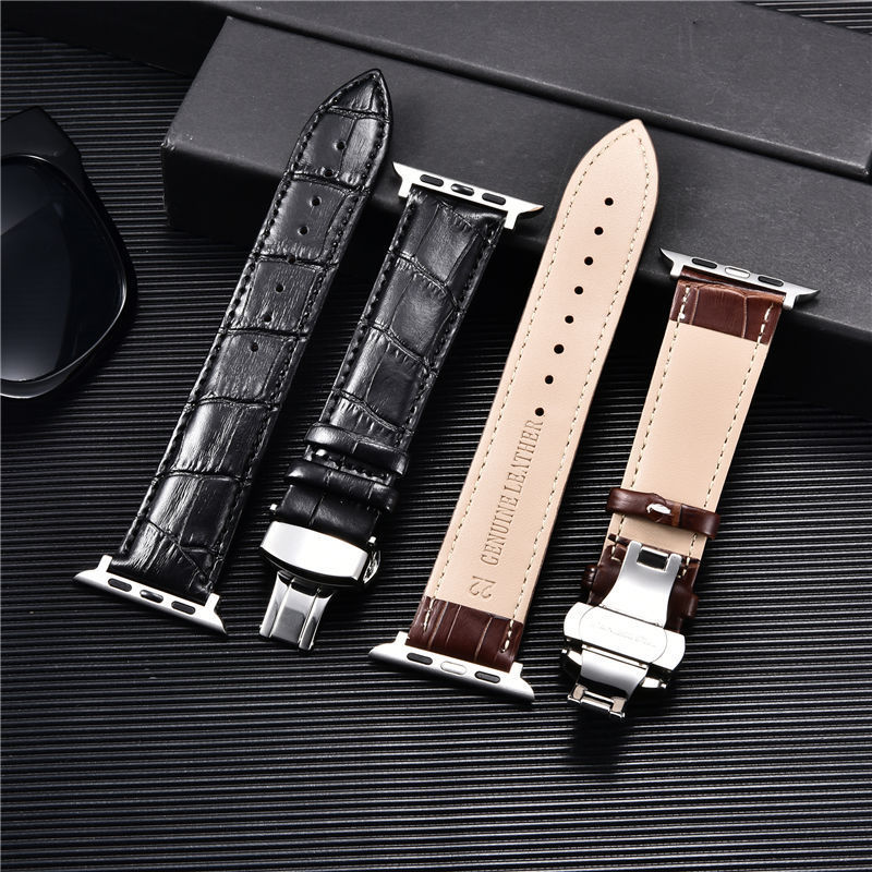 Watch Bands Embossed Leather Men Watch Straps for Apple Watch 8 7 6 SE 5 4 Butterfly Buckle 45mm 44mm 42mm 41mm 40mm 38mm Business Watchband 230411