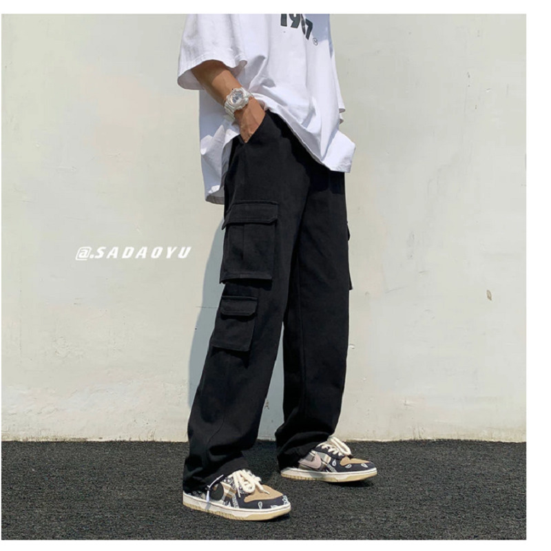 Men's Pants Black white Casual Fashion Loose Straight Wide Leg Men Streetwear Hip hop Pocket Cargo Mens Trousers 230411