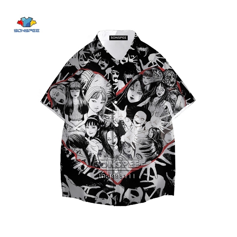 Men's Casual Shirts Junji Ito Men's Shirt Horror Manga Many Faces 3D Print Hawaiian Shirt Summer Casual Beach Shirts Short Sleeve Hip Hop Cl