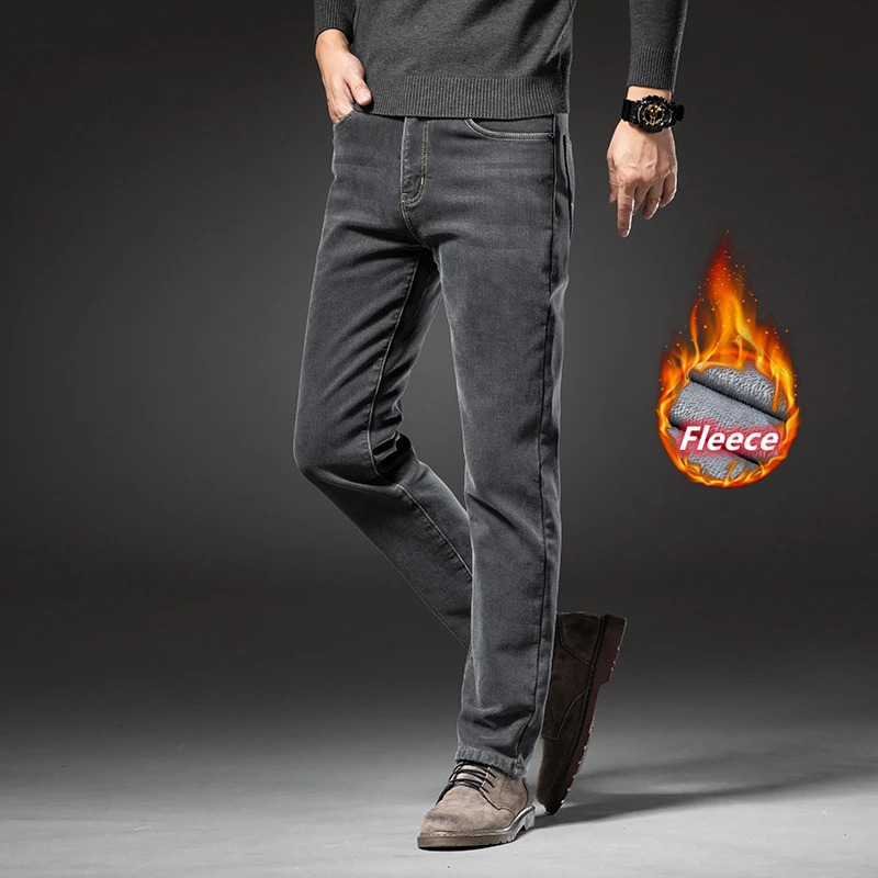 Mens Jeans Original Classic Vintage Trend Winter Fleece Thick Warm Cotton Stretch Fit Straight Quality Cloth Leisure Trousers 231110