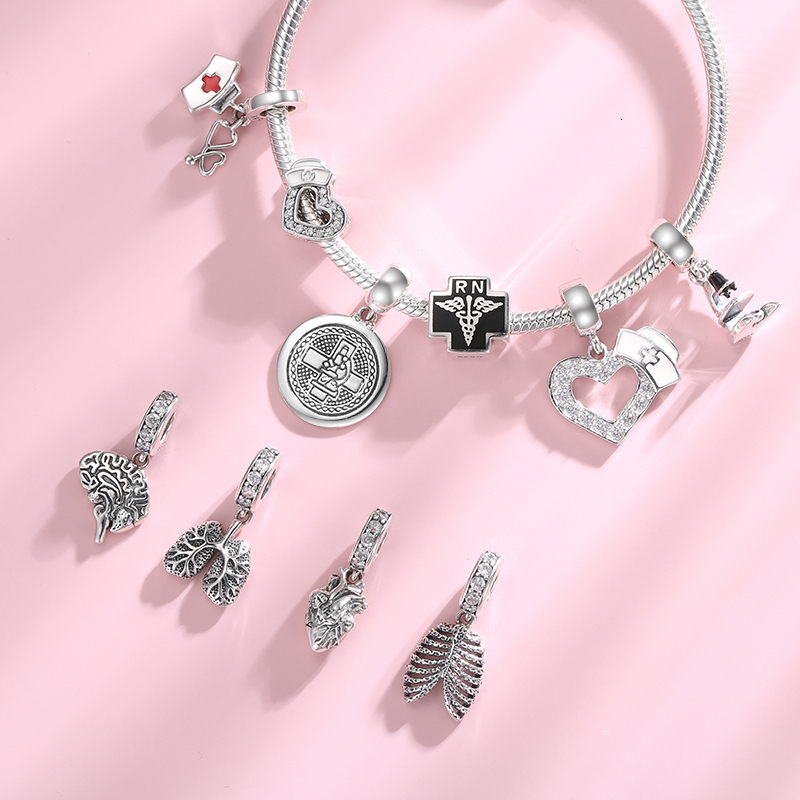 Charms 925 Sterling Silver Nurse Hat Heart Brain Lungs Ribs Pendants Beads Fit Charm Silver 925 Original Bracelet Fine Jewelry Making 230411