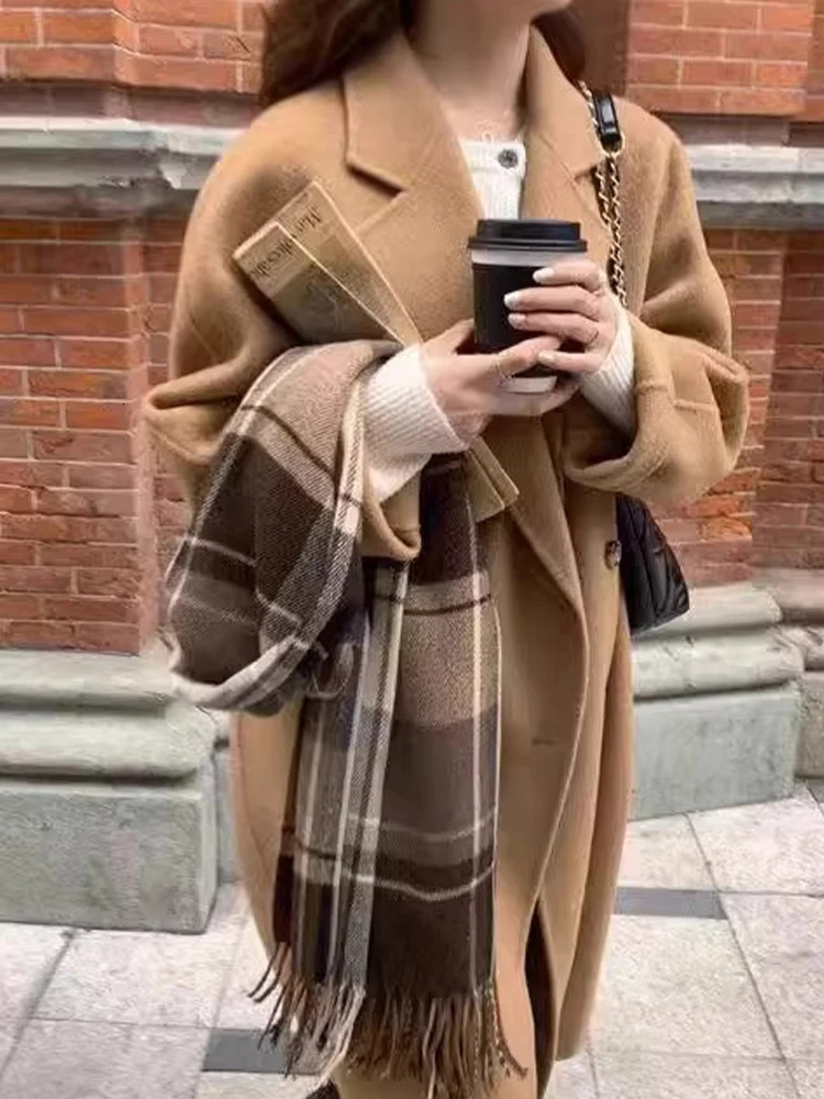 Women's Wool Blends Long Woolen Coat Women Korean Fashion Lapel Jackets Female Vintage Double Breasted Overcoat Ladies Autumn Winter Loose Outerw