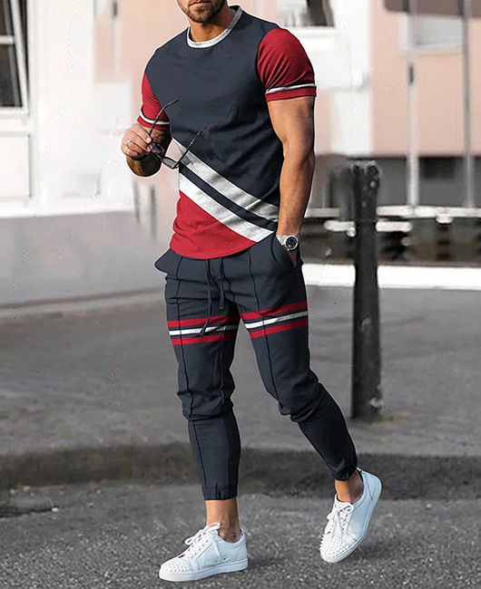 Men's Tracksuits Men's Trousers Tracksuit 2 Piece Set Fashion Sportswear Summer Streetwear Short Sleeve T ShirtLong Pants Male Clothing 2304