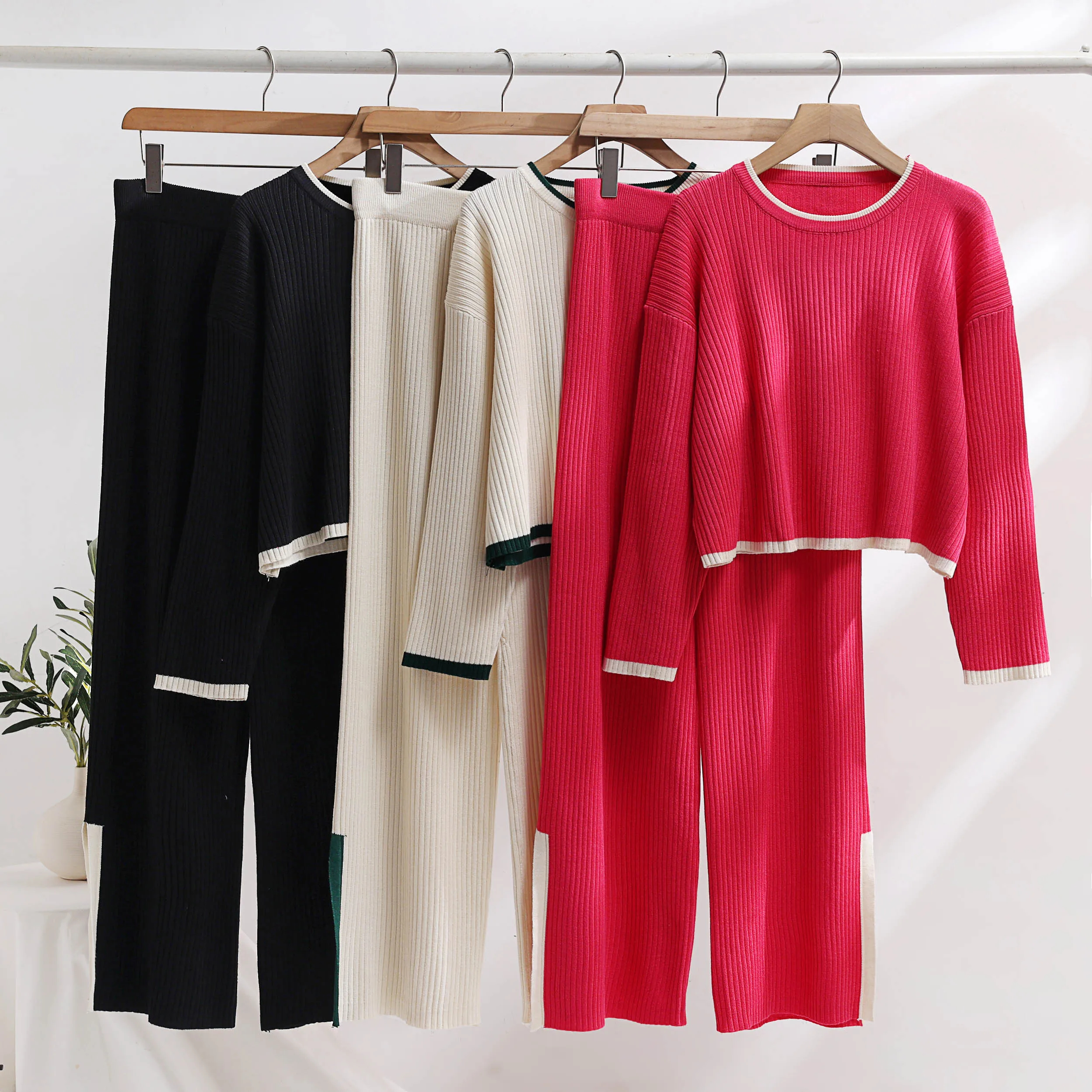 Two Piece Dress Vestidos New Autumn Winter Sweater Pants Suit Casual Women O Neck Knitted Short Pullover High Waist Split Wide Leg Trouser Set 2024