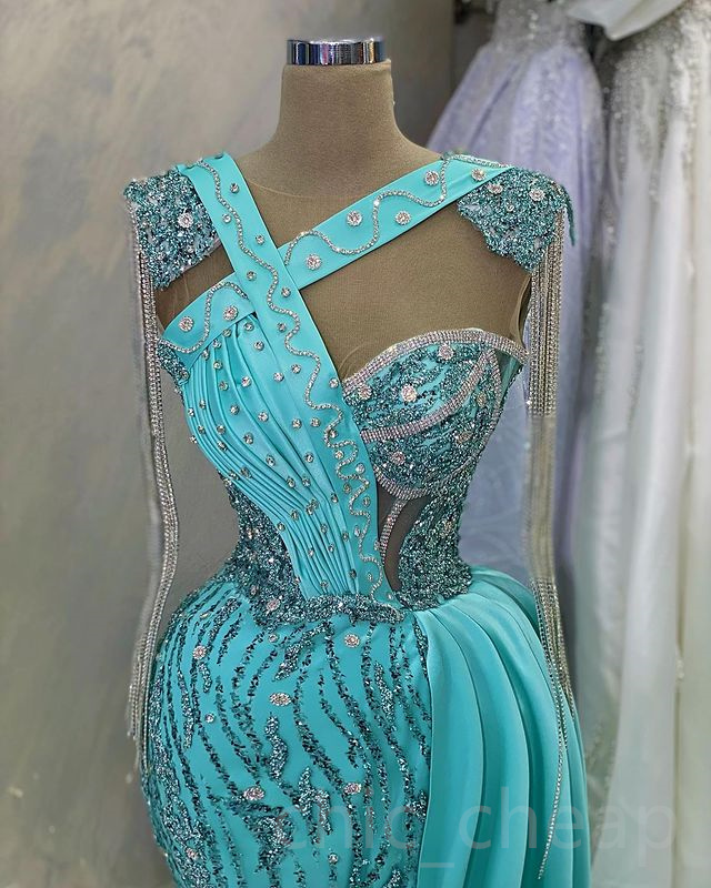 Aso 2023 April Ebi Beaded Crystals Prom Dress Mermaid Sequined Lace Evening Formal Party Second Reception Birthday Engagement Gowns Dresses Robe De So