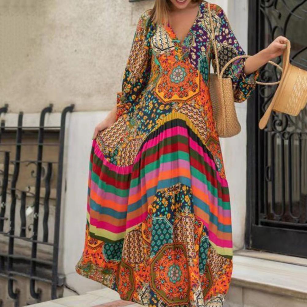 Casual Dresses Retro Dress Chic Pleated Maxi Dress Summer Ethnic Print Pattern Oversized Long Dress Female Clothing 230410