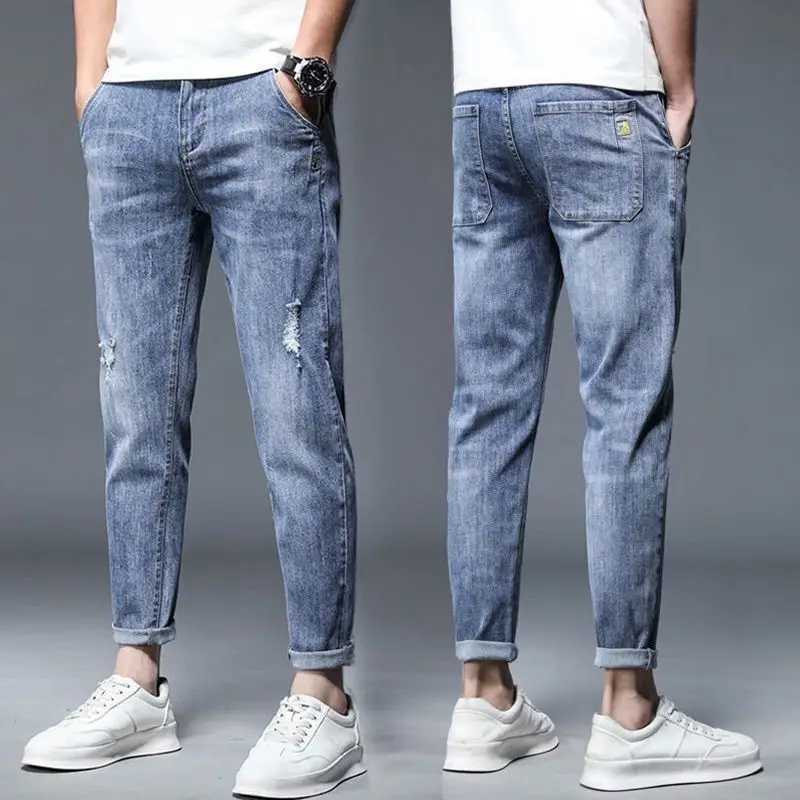 Men's Jeans Men's Denim Pants Ankle Length Jeans High Quality Summer Stretch Cotton Hole Thin Streetwear Design Korea Casual TrousersLF23111
