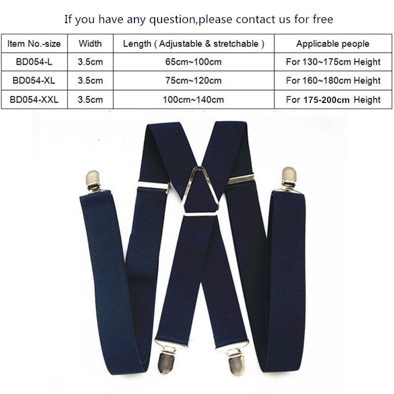 Suspenders BD054L XL XXL Size Suspenders Men Adjustable Elastic X Back Pants Women Suspender for Trousers 55 Inch Clips on NAVY BLUE 230411