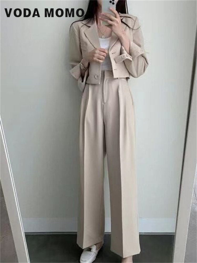Women's Tracksuits Spring Korean Casual Elegant Suits Blazer Jacket Wide Leg Trousers High Waist Pants Female 2 Piece Sets Crop Top Coats 230411