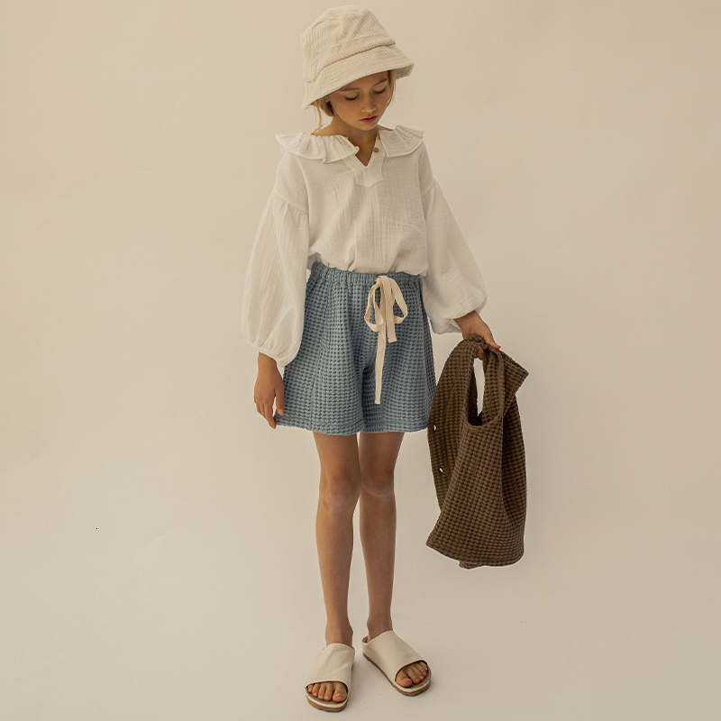 Shorts Organic Cotton Waffle Girls Summer Children s Clothing Casual Loose Elastic Waist Lace up Kids TZ108 230411