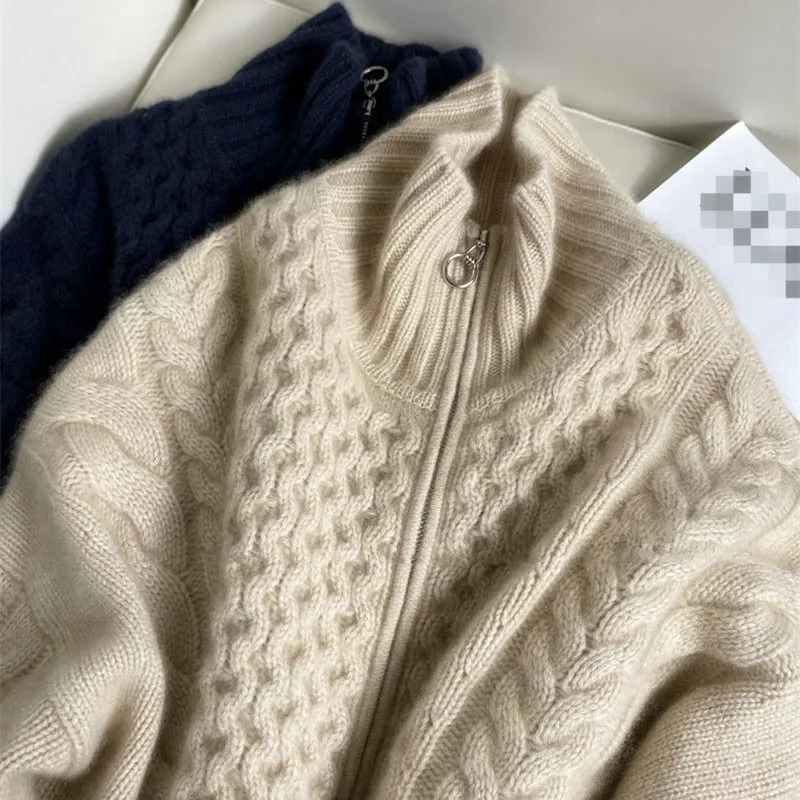 Women's Fur Faux European station autumn and winter thick highnecked cashmere knitted Cardigan woman loose thin zipper sweater coat wool 231205
