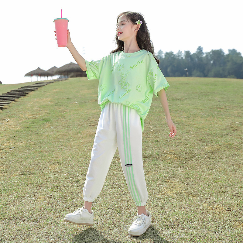 Clothing Sets Summer Casual Kids Top Tees Girls T Shirt Striped Pants Set Cartoon Printed Children 2 Pieces For 5 16 Years 230411