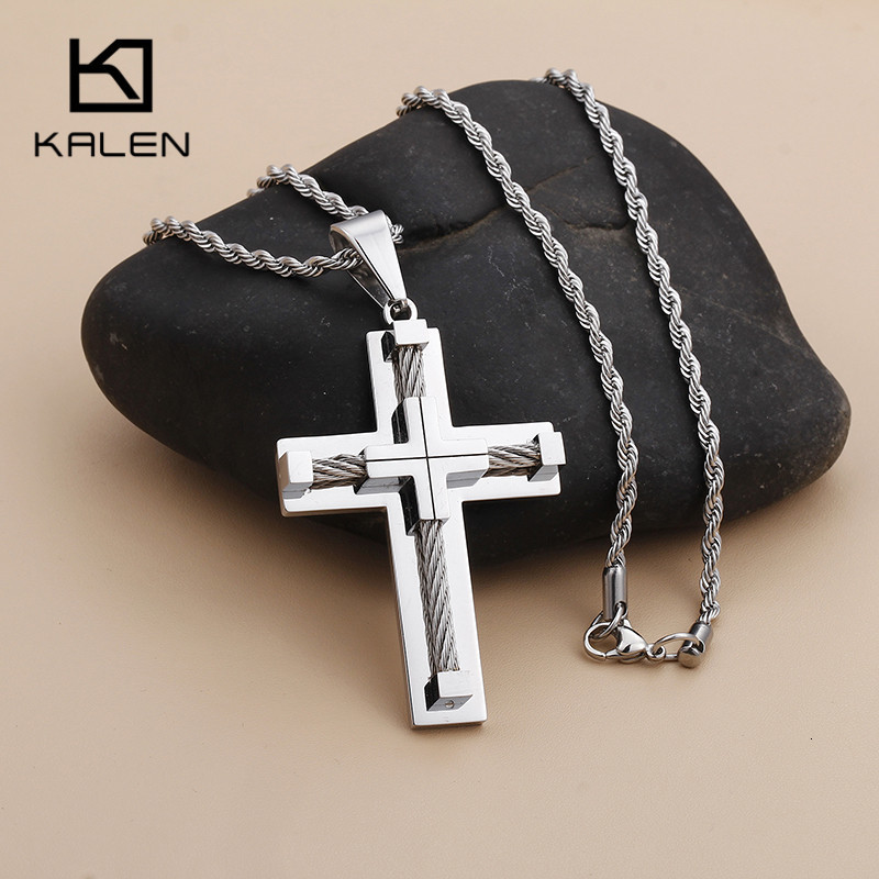 Chokers KALEN Shiny Three Layer Cross Chain Necklaces For Men 4 Color Stainless Steel Pendant Necklaces Male Choker Jewelry Accessory 230411