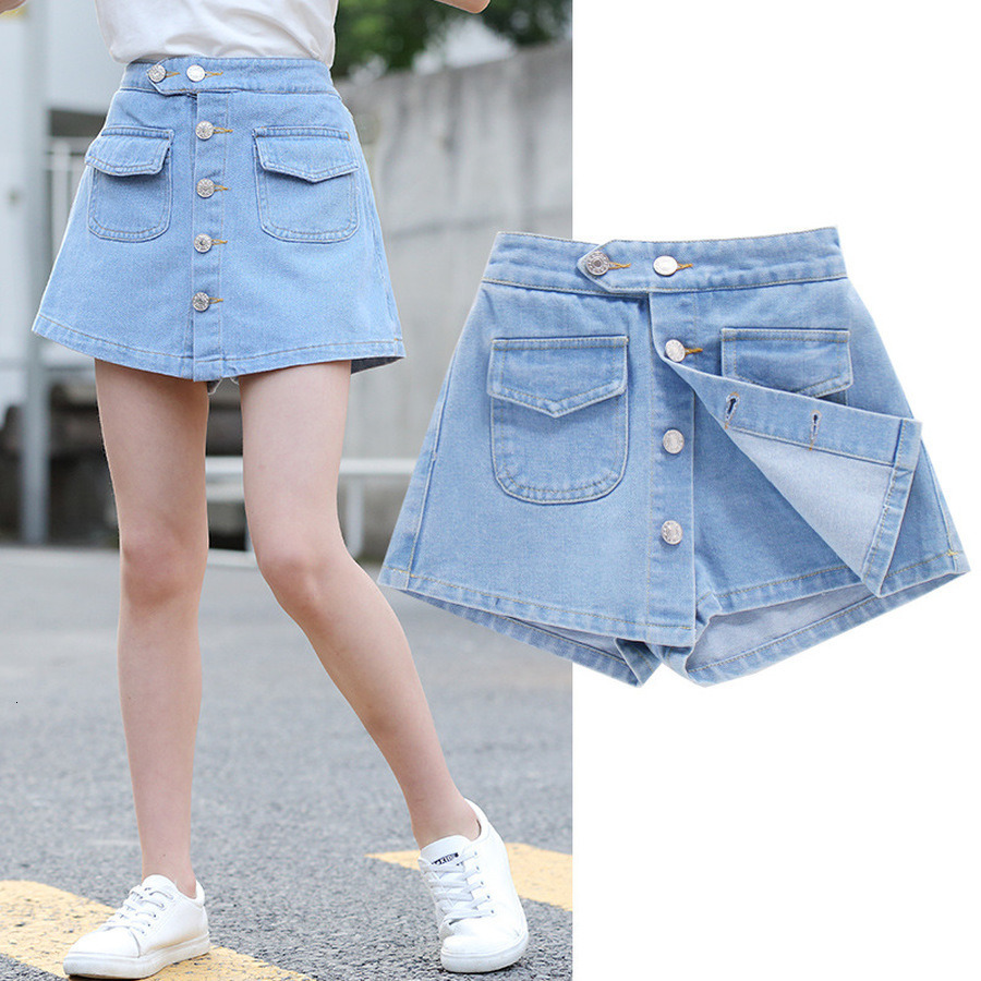 Shorts Botton Skirt for Kid Girls Summer Denim Children Solid Cotton Jean Girl Teenage with pocket 230411