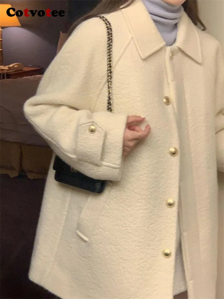 Women's Wool Blends Cotvotee Loose Coat Women Autumn Winter 2023 Fashion Turn Down Collar Jacket Vintage Casual Button Up Long Sleeve Coats 23111