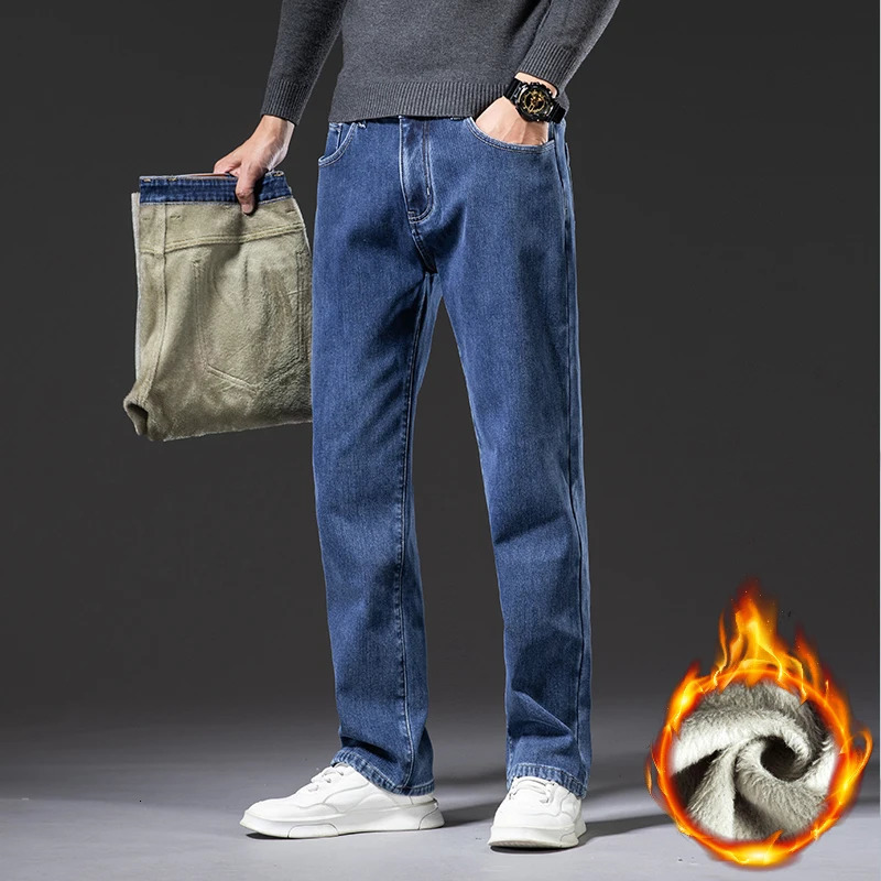 Mens Jeans Winter Warm Fleece Straight Business Casual Stretch Soft Thicken Denim Pants Plus Size 40 42 44 Loose Trousers 231110