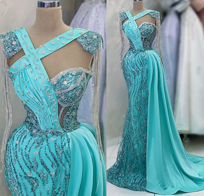 Aso 2023 April Ebi Beaded Crystals Prom Dress Mermaid Sequined Lace Evening Formal Party Second Reception Birthday Engagement Gowns Dresses Robe De So