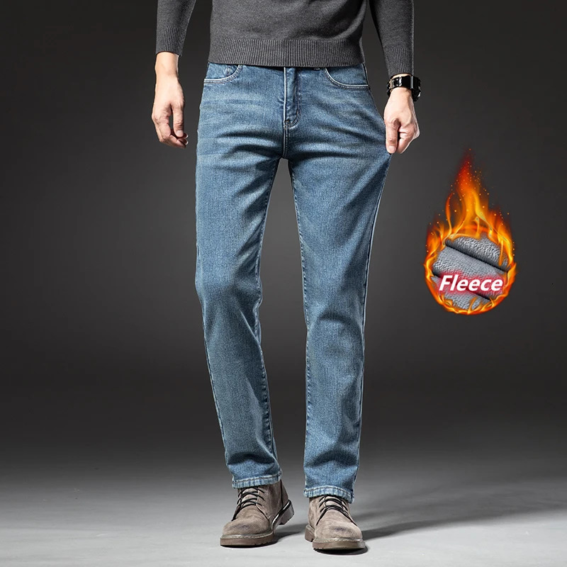 Mens Jeans Original Classic Vintage Trend Winter Fleece Thick Warm Cotton Stretch Fit Straight Quality Cloth Leisure Trousers 231110