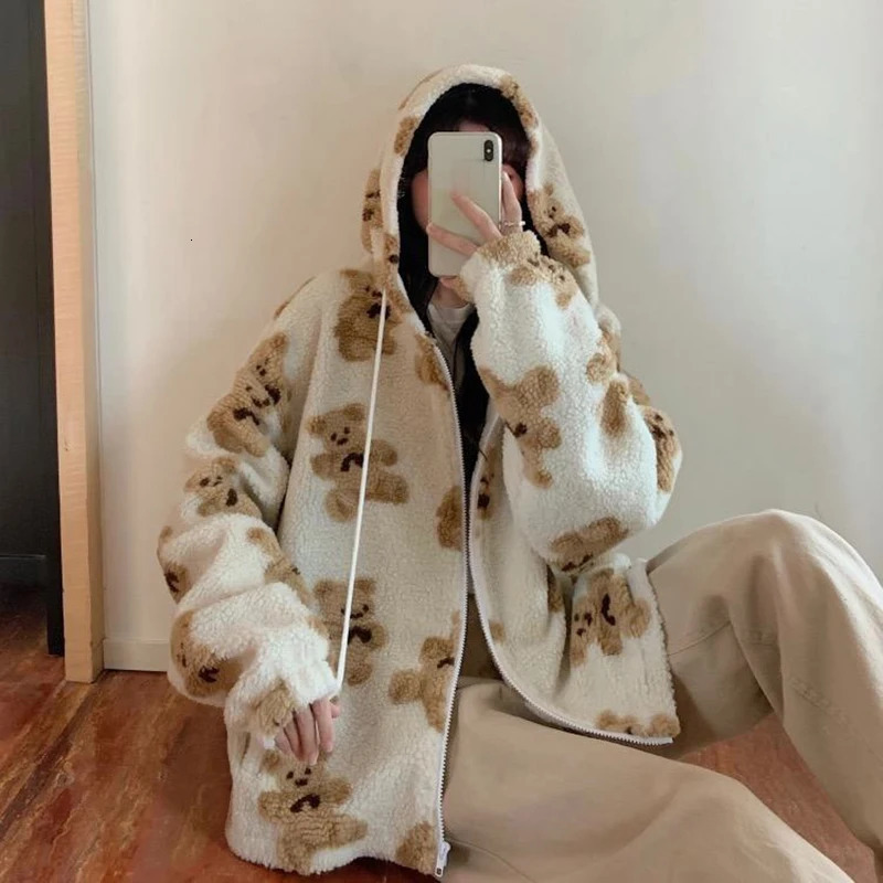 Womens Jackets Harajuku Heartshaped Print Plush Jacket Women Winter Korean Long Sleeve Zip Up Hooded Coat Thick Warm Couple Streetwear Hoodies 231110
