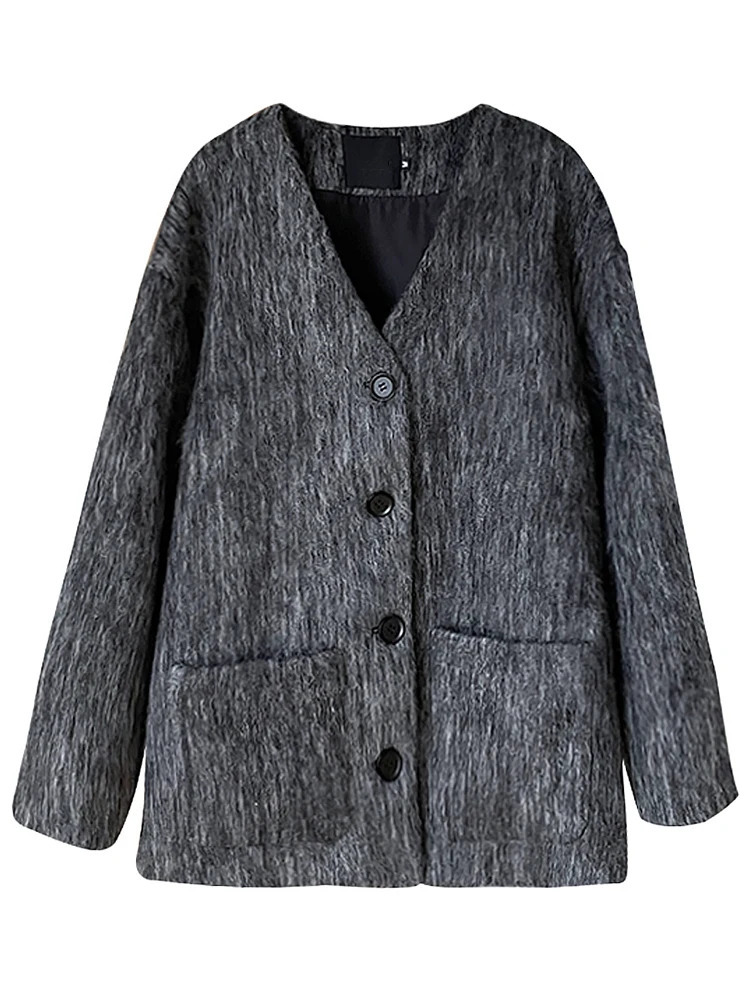 Women's Wool Blends LANMREM Vintage Winter Jacket V Neck Pockets Single Breasted Loose Female Coat Fashion 2023 Clothing 2AA3673 231110