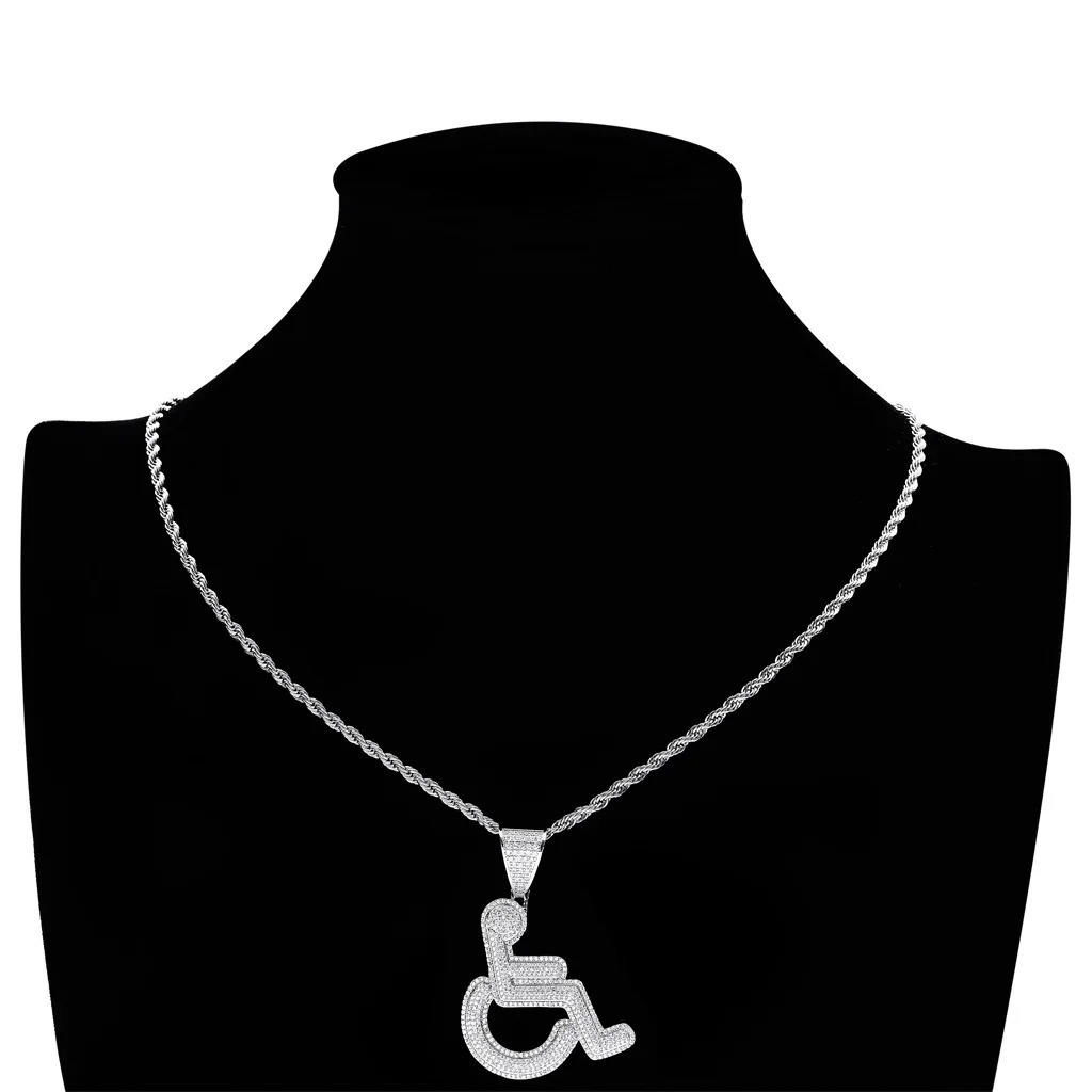 Chokers AZ Hip Hop Wheelchair Handicap Sign Pendant Necklace Gold Color Charm Bling Cubic Zircon Men's Iced Out Jewelry 231110