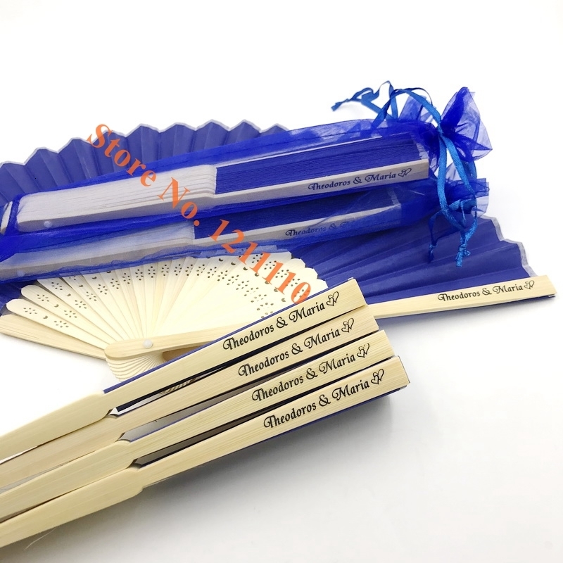 Party Favor 24/30PCS Personalized Wedding Fan in Yarn Bag Custom Printing Hand Folding Bamboo with Organza Decoration Gift 230410