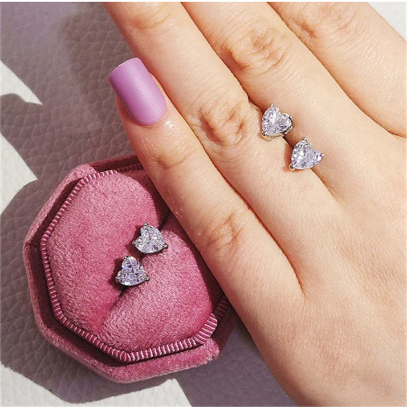 Cute Heart Stud Earring Lab diamond White Gold Charm Filled Jewelry Engagement Wedding Earrings for Women Bridal Birthday Bijou