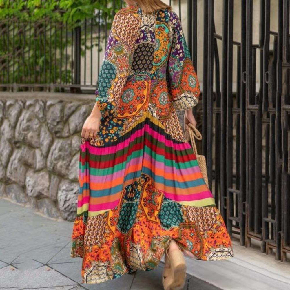 Casual Dresses Retro Dress Chic Pleated Maxi Dress Summer Ethnic Print Pattern Oversized Long Dress Female Clothing 230410