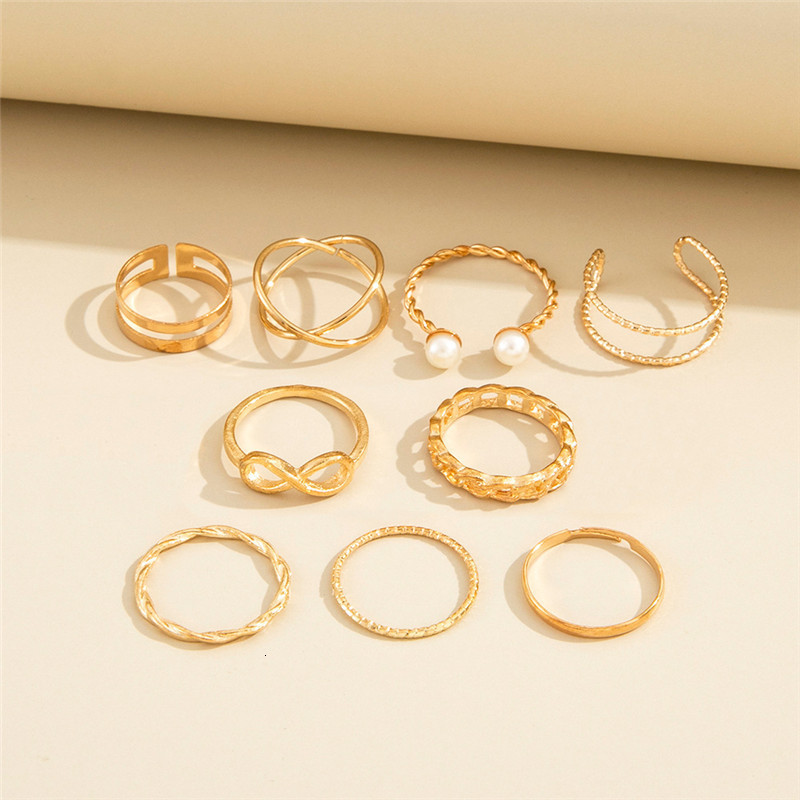 Band Rings 9pcs Punk Gold Color Chain Rings Set For Women Girls Fashion Irregular Finger Thin Rings Gift Female Knuckle Jewelry Party 230410