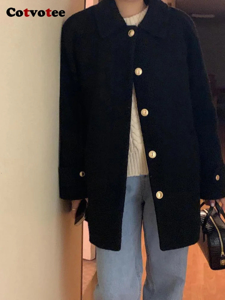 Women's Wool Blends Cotvotee Loose Coat Women Autumn Winter 2023 Fashion Turn Down Collar Jacket Vintage Casual Button Up Long Sleeve Coats 23111
