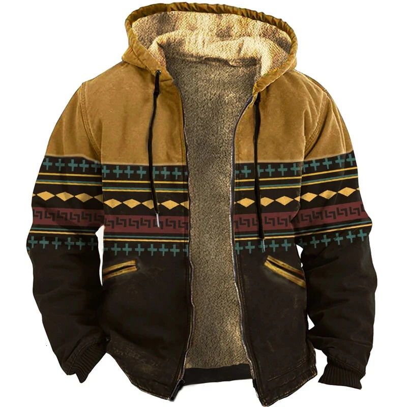 Men's Jackets Vintage Graphic Printing Patchwork Fleece Jacket For Men Autumn Winter Casual Zipper Hooded Wool Lining Coats For Mens Outerwear 23
