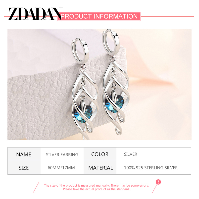 Dangle Chandelier ZDADAN 925 Silver Hollow Blue Crystal Long Drop Earrings For Women Fashion Wedding Jewelry Gift 230410