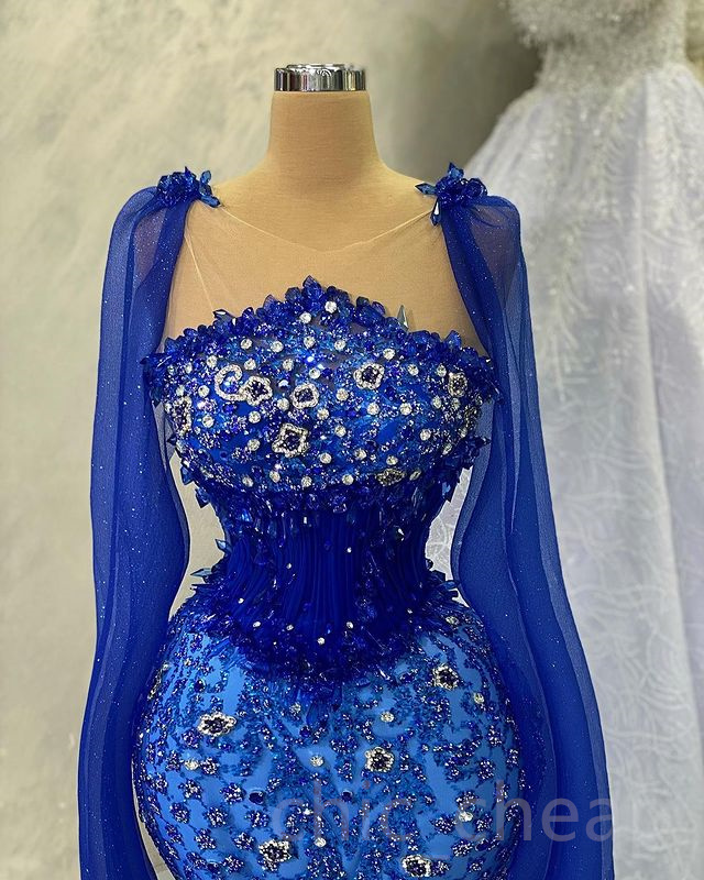 Aso April Ebi Mermaid Crystals Prom Dress Royal Blue Sexy Evening Formal Party Second Reception Birthday Engagement Gowns Dresses Robe De Soiree ZJ es