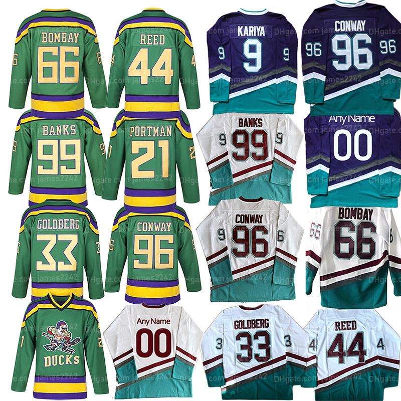 Mens Mighty Ducks Jersey 96 Charlie Conway 99 Adam Banks 66 Gordon Bombay 33 Goldber 9 Paul Kariya 44 Reed 21 Portman Hockey Jerseys Movie Sewn Custom Name Number