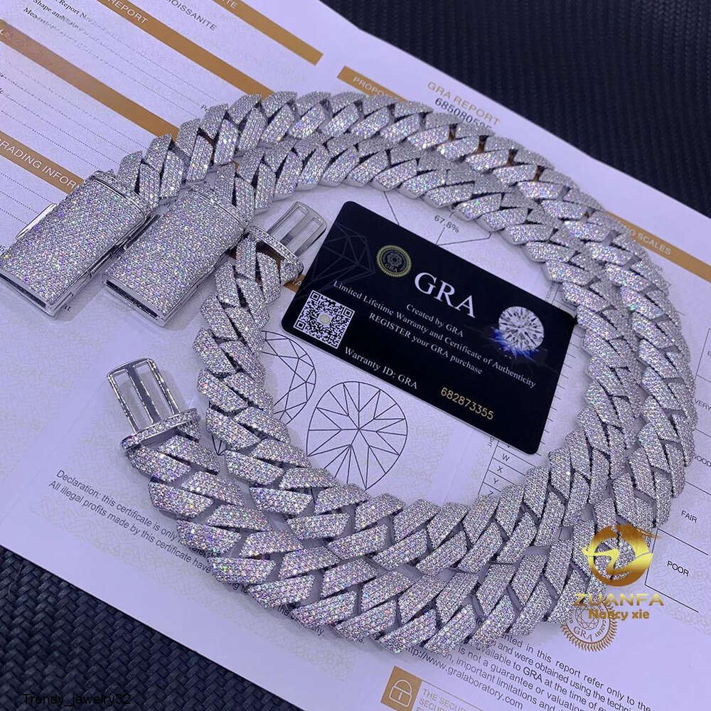 Necklace moissanite chain cuban link chainjewelry for men pass diamond tester jewelry Silver 925 w20mm 3row necklace VVS moissanite iced out