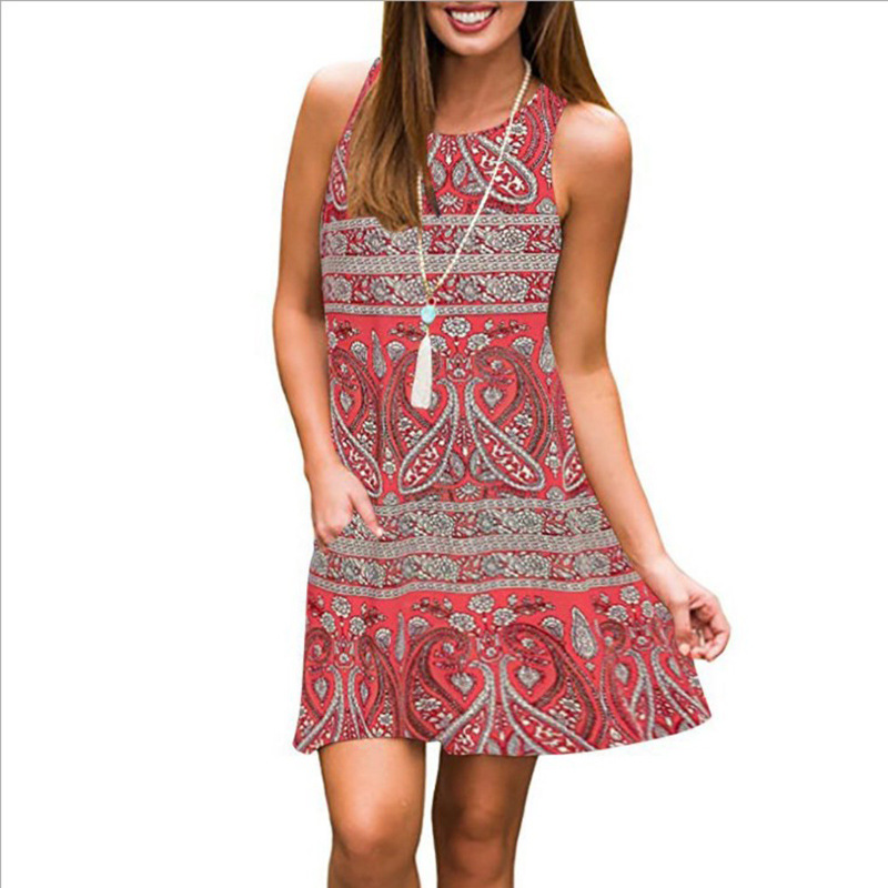 Casual Dresses Women's Summer Sleeveless Bohemian Print Bouquet Waist Swing Loose Pocket T-Shirt Dress